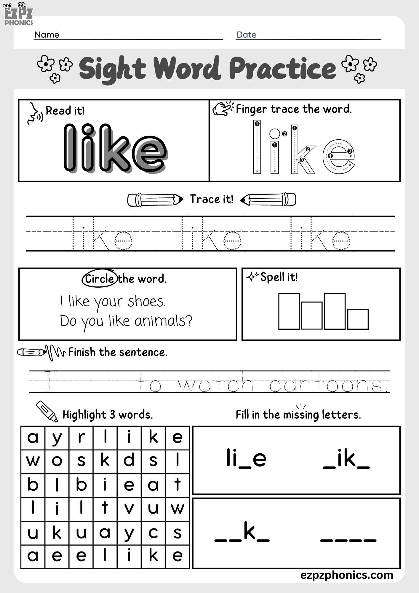 Dolch Kindergarten Sight Word "Like" – Engaging Activities PDF Download